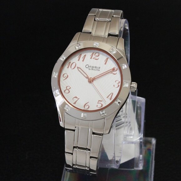 Caravelle Ladies Watch Crystal Studded Bezel Textured Dial Rose Hands 32mm main image 5